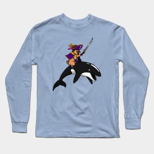 Pug Dog Pirate Riding Orca Whale Long Sleeve T-Shirt